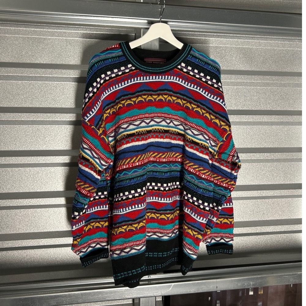 VINTAGE John Ashford Sweater Mens XL Multi Color 3D Textured Knit Coogi Style